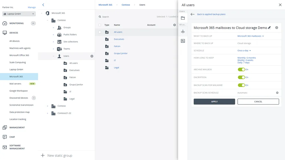 Consola de Acronis con un plan de backup de buzones de Microsoft 365: horario, retención, cifrado y análisis de malware
