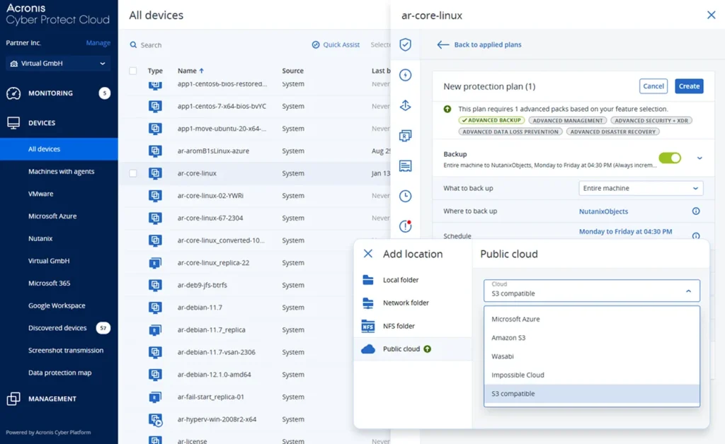 Consola de Acronis con un plan de protección: qué respaldar, horario y destinos local, de red o en la nube