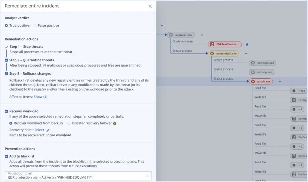 Consola de Acronis EDR con la cadena de un ataque y las acciones para remediarlo