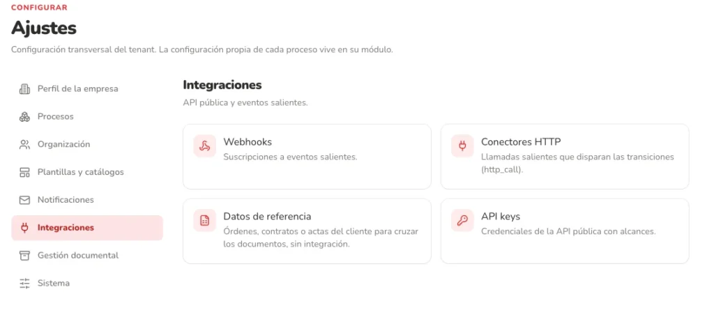 Ajustes de integraciones de SX Flows: webhooks, conectores HTTP, datos de referencia y llaves de la API pública
