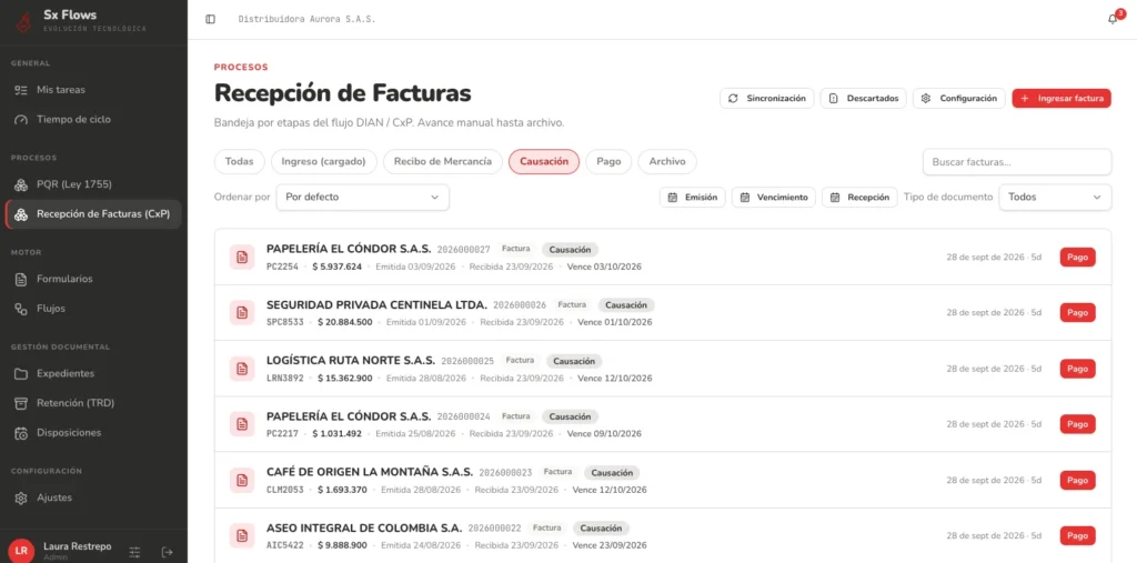 Bandeja de recepción de facturas de SX Flows con facturas de proveedores en la etapa de causación, su valor y sus fechas de emisión, recepción y vencimiento